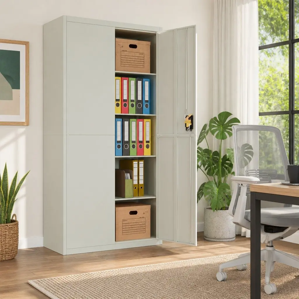 Grey Steel Filing Cabinet Lockable Storage with 4 Adjustable Shelves for Office Use