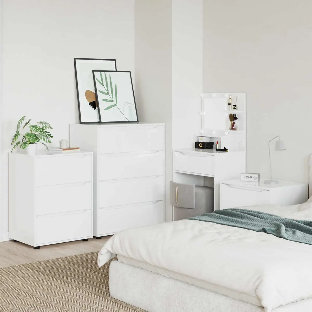 Storage Cabinet High Gloss White Engineered Wood Multiple Drawers Adjustable Height