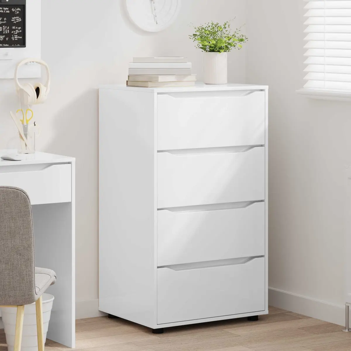 Storage Cabinet Organizer Multiple Drawers High Gloss White Engineered Wood 60x48x105cm
