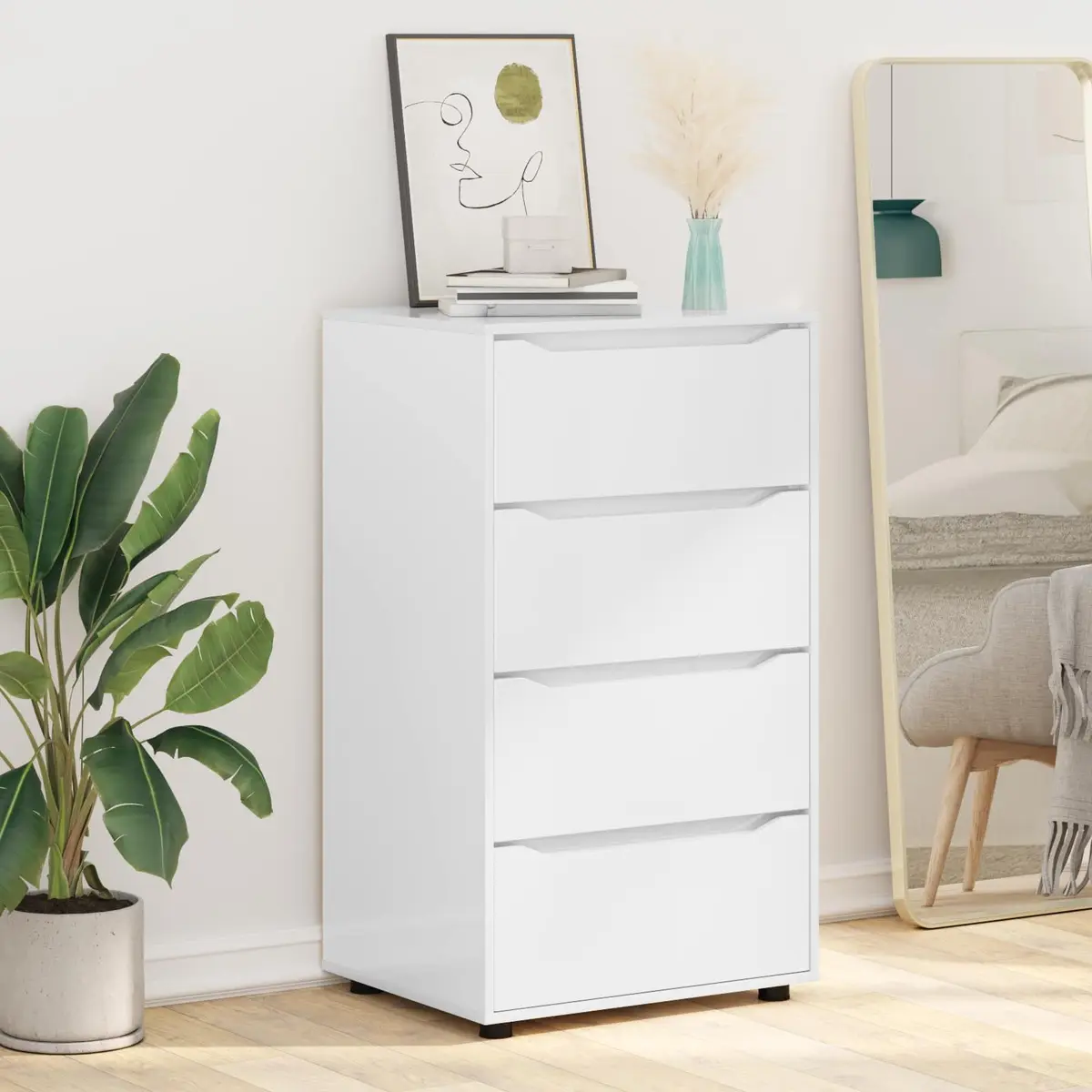 Storage Cabinet Organizer Multiple Drawers High Gloss White Engineered Wood 60x48x105cm