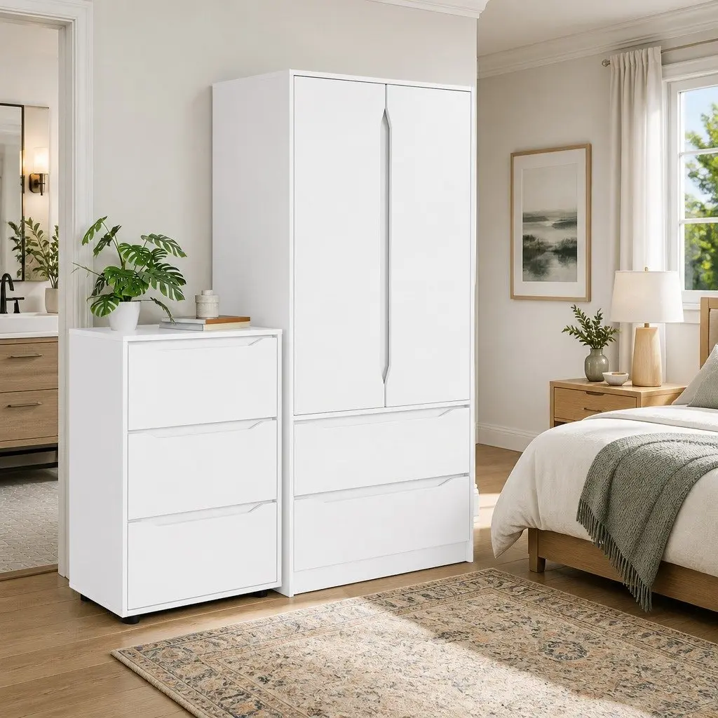 Wardrobe Cabinet White Engineered Wood Bedroom Storage with Drawer