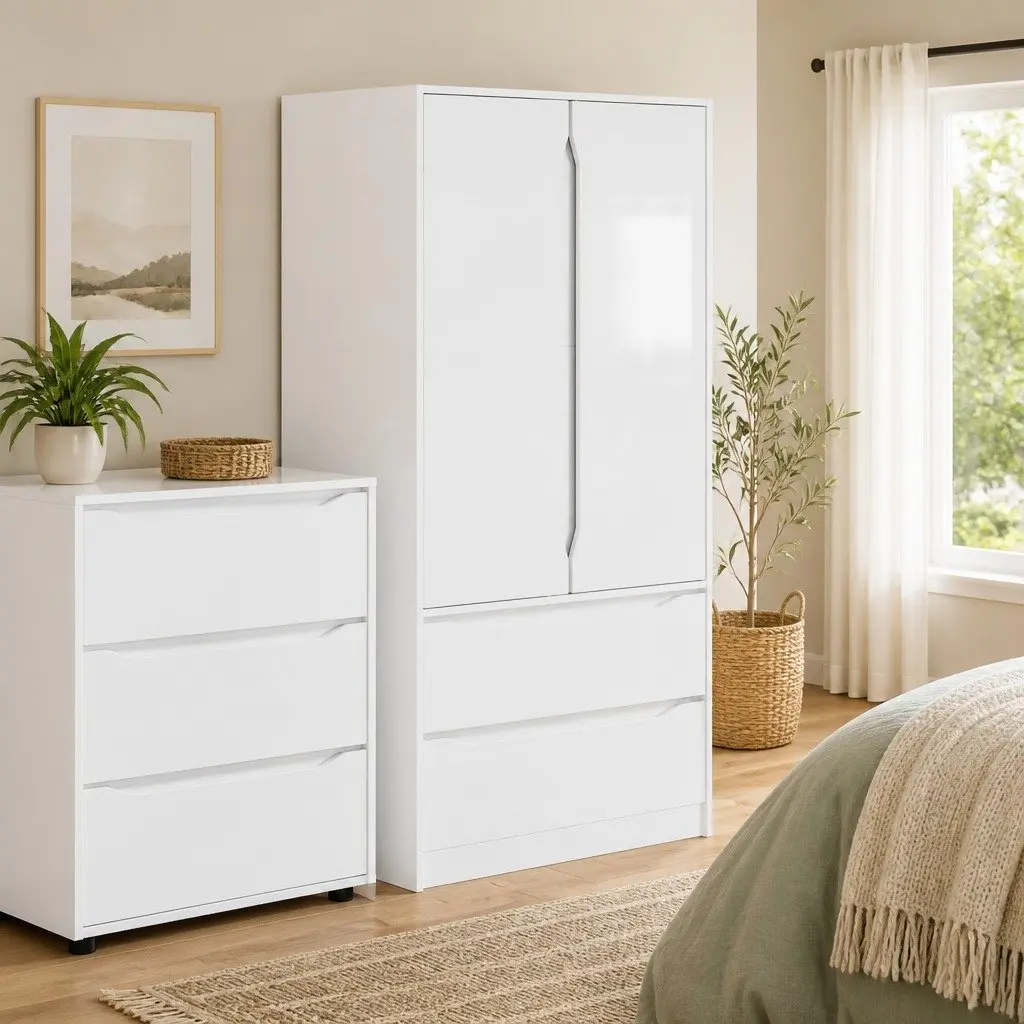 Wardrobe High Gloss White 79.5 x 49 x 156 cm Engineered Wood Hinged Doors Smooth-Gliding Drawers Adjustable Shelving