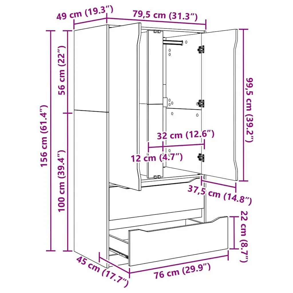 Wardrobe High Gloss White 79.5 x 49 x 156 cm Engineered Wood Hinged Doors Smooth-Gliding Drawers Adjustable Shelving