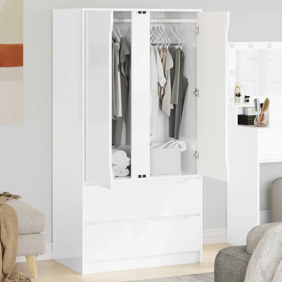 Wardrobe High Gloss White 79.5 x 49 x 156 cm Engineered Wood Hinged Doors Smooth-Gliding Drawers Adjustable Shelving
