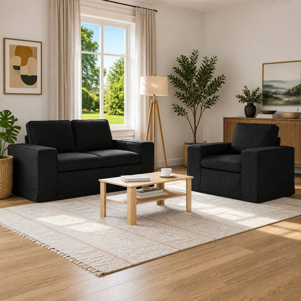 2-Piece Modular Sofa Set Black Fabric Sectional Couch Ergonomic Support