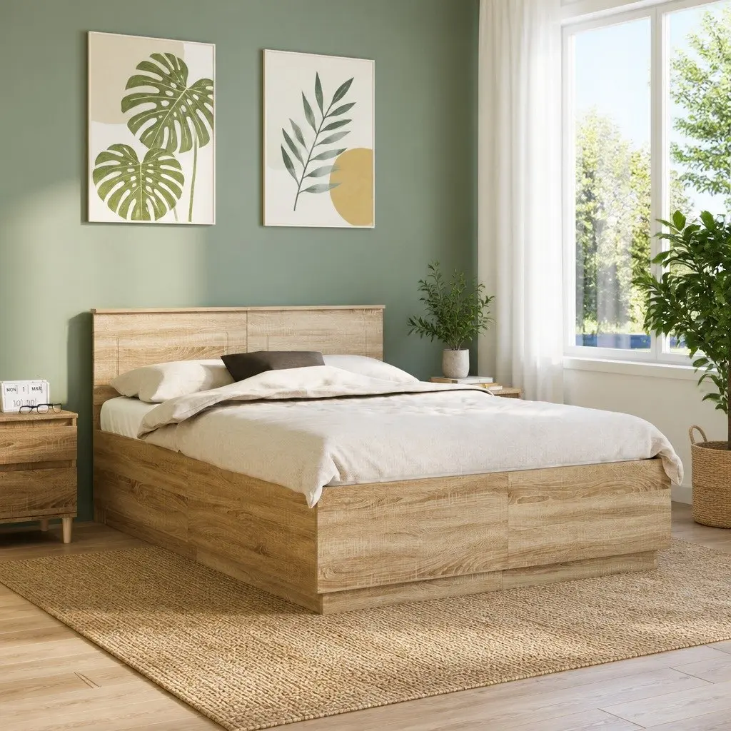 Bed Frame 150x200cm Brown Engineered Wood Adjustable Headboard LED Lights USB