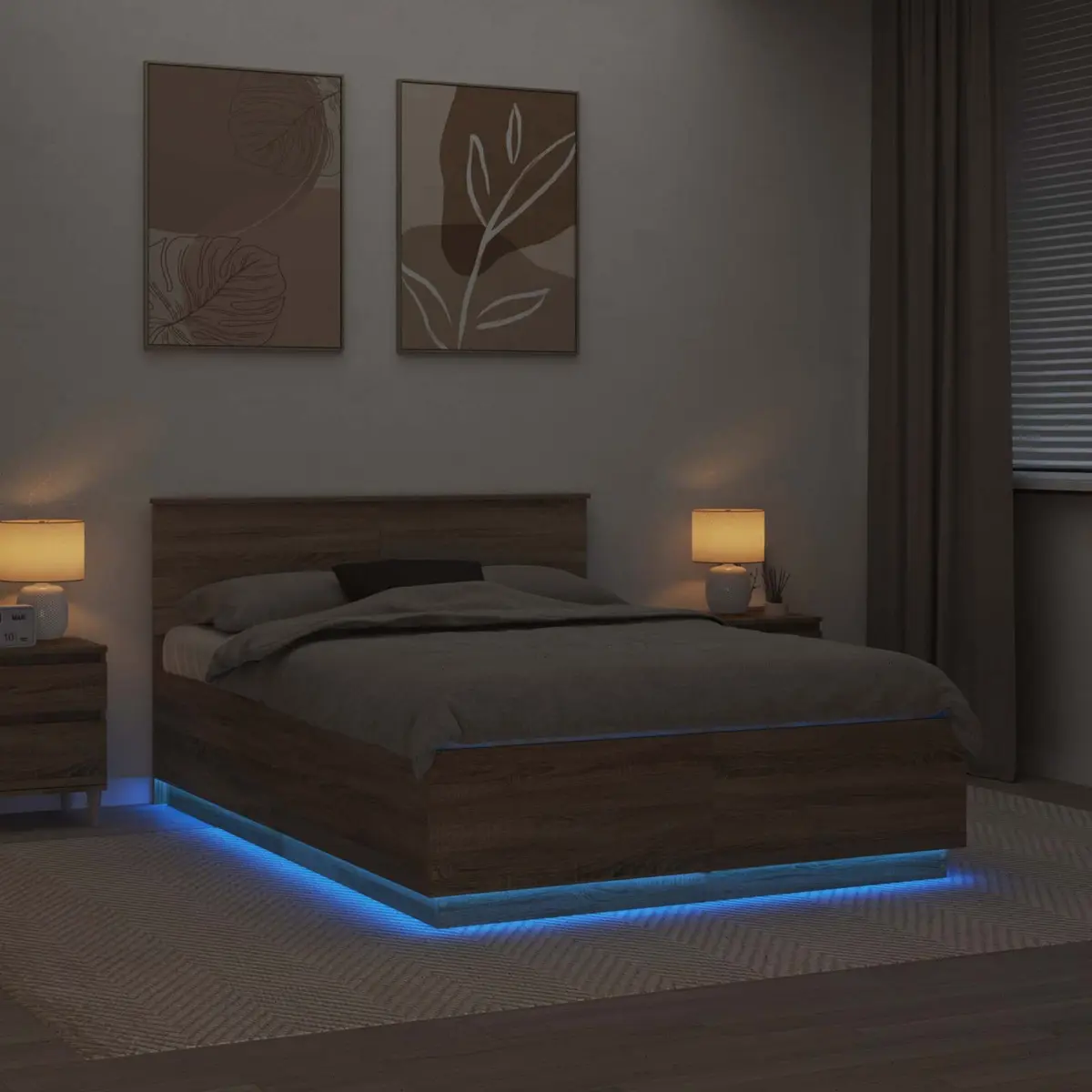 Bed Frame Brown Engineered Wood 150x200cm LED Strip Lights Adjustable Headboard USB Charging
