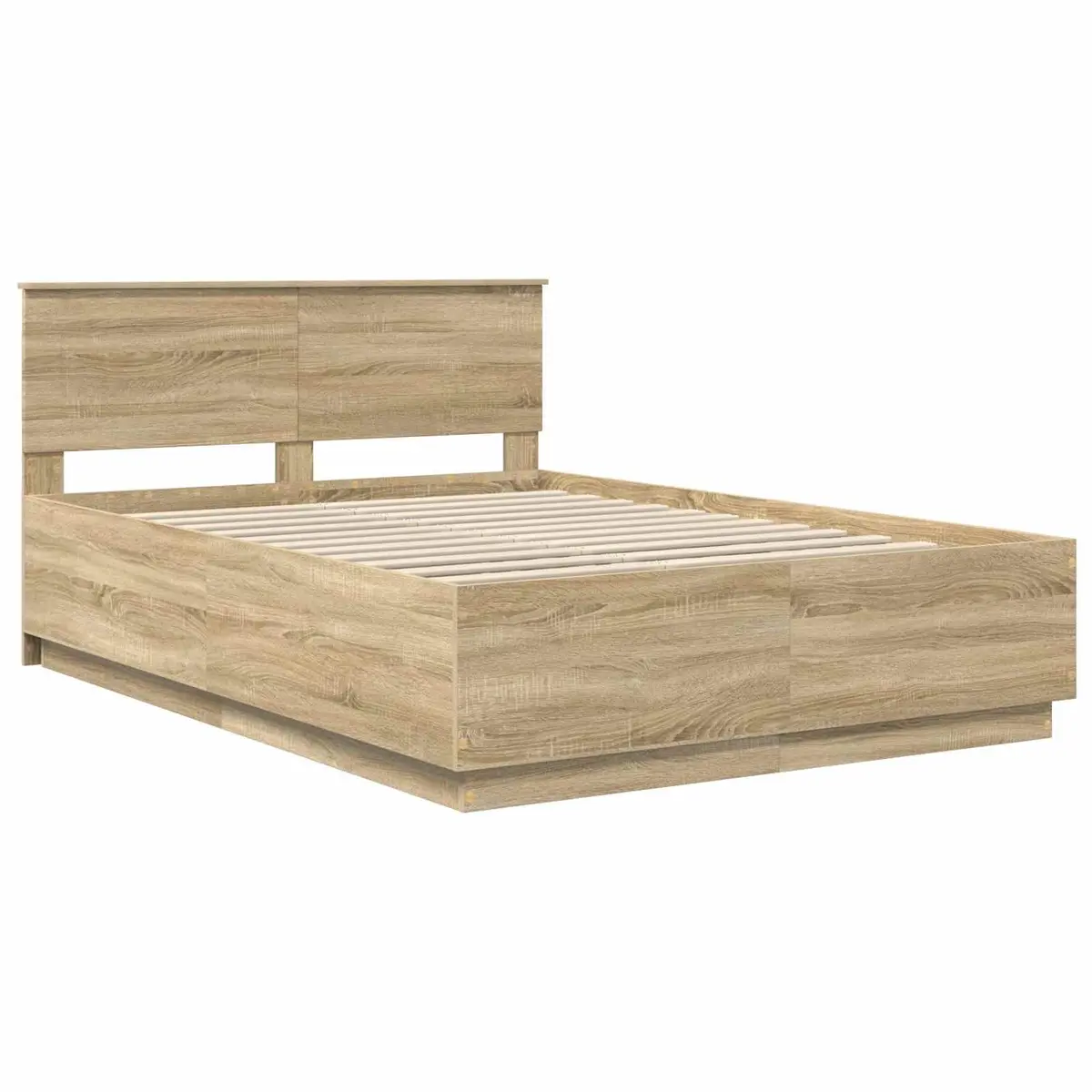 Bed Frame Brown Engineered Wood 150x200cm LED Strip Lights Adjustable Headboard USB Charging