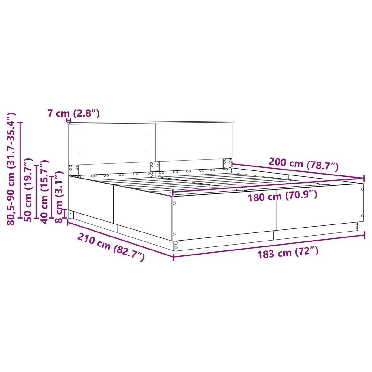 Bed Frame with Wall-Mounted Headboard White 180 x 200 cm Modern Bedroom