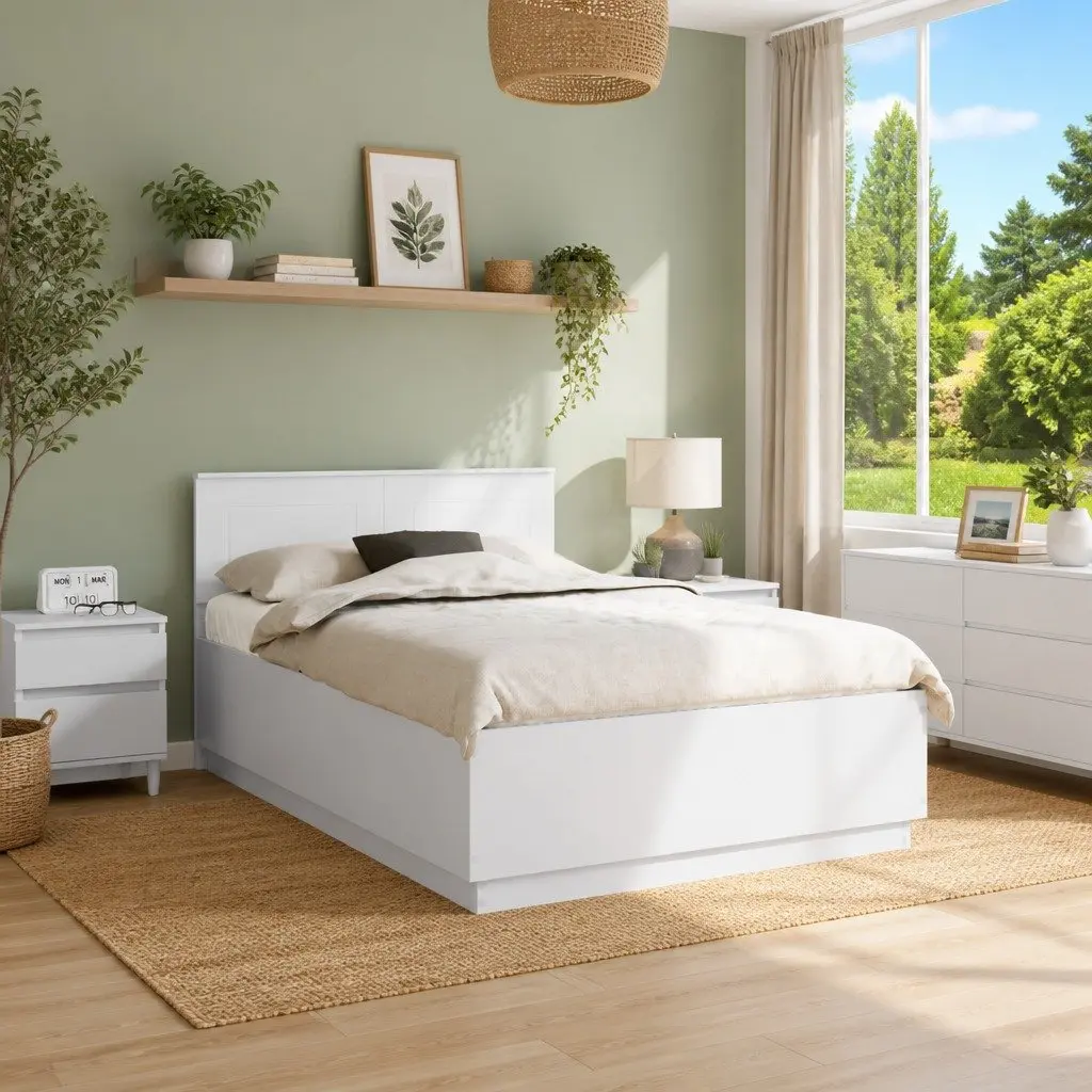 Bed Frame with Wall-Mounted Headboard, White 135 x 190 cm