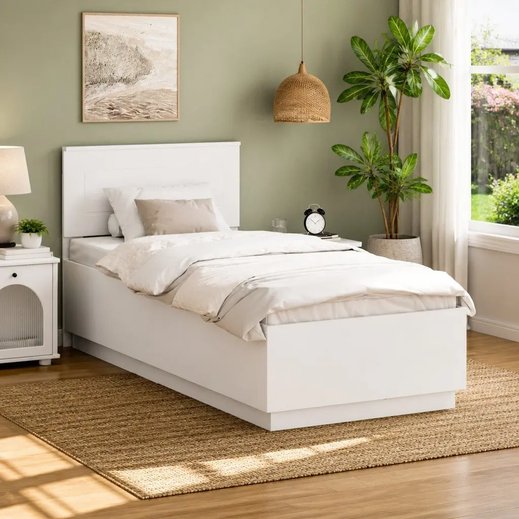 Bed Frame White 90 x 190 cm Wall-Mounted Headboard Modern Minimalist