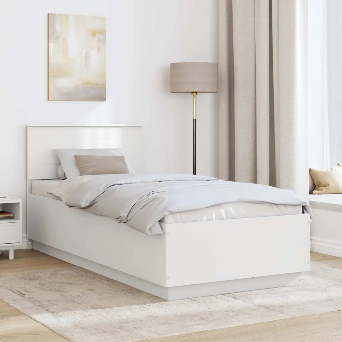 Bed Frame White 90 x 190 cm Wall-Mounted Headboard Modern Minimalist