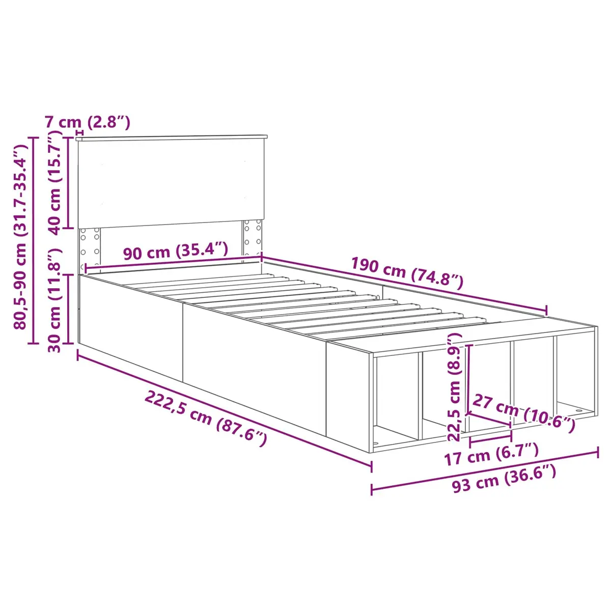 Bed Frame White 90 x 190 cm Storage Headboard Adjustable Footboard