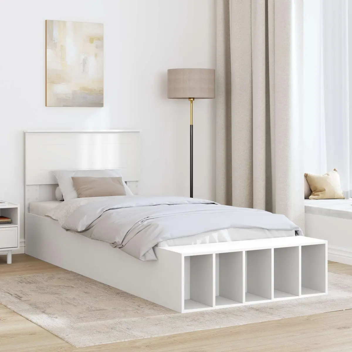 Bed Frame White 90 x 190 cm Storage Headboard Adjustable Footboard