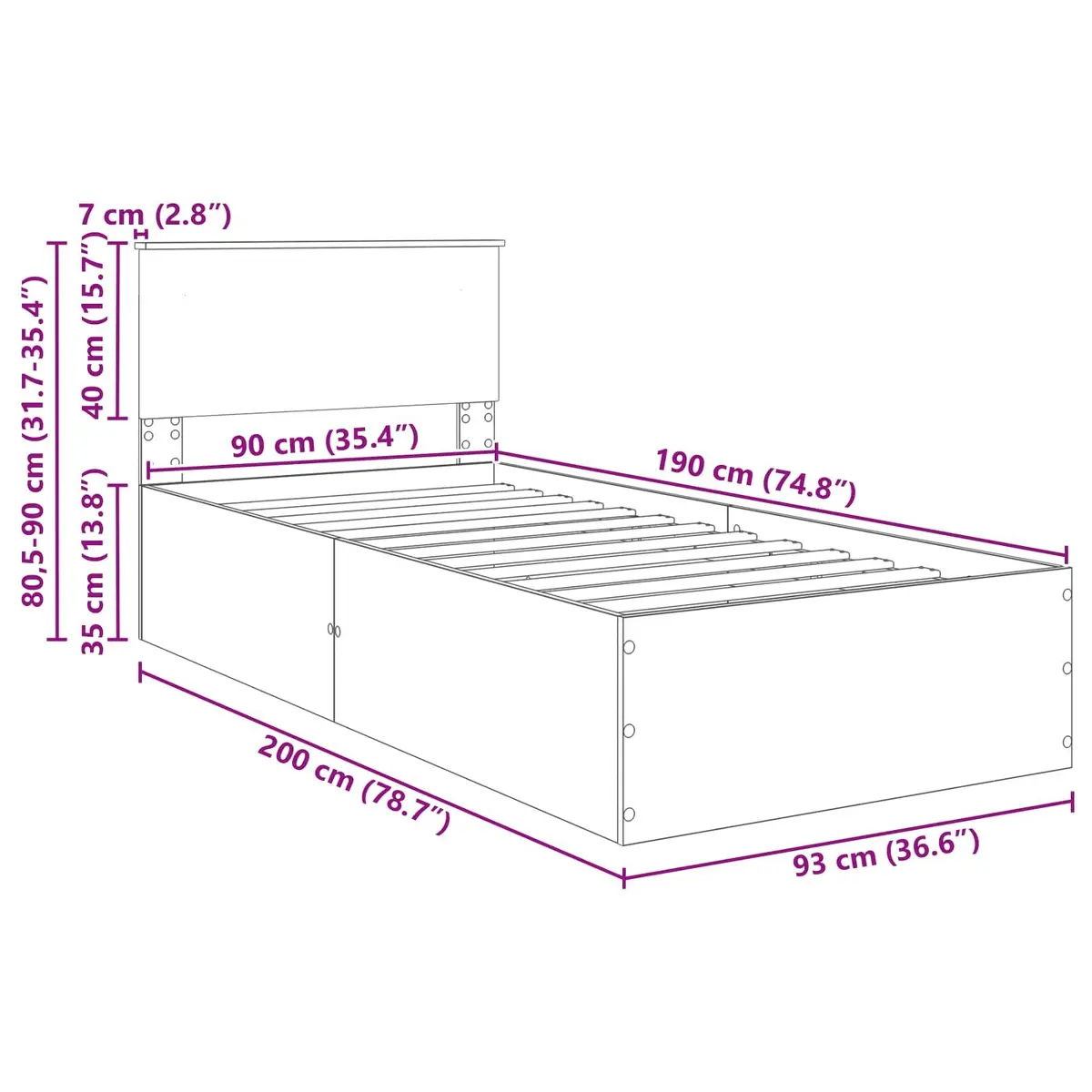 Bed Frame with Headboard White 90 x 190 cm Modern Platform Base Slatted
