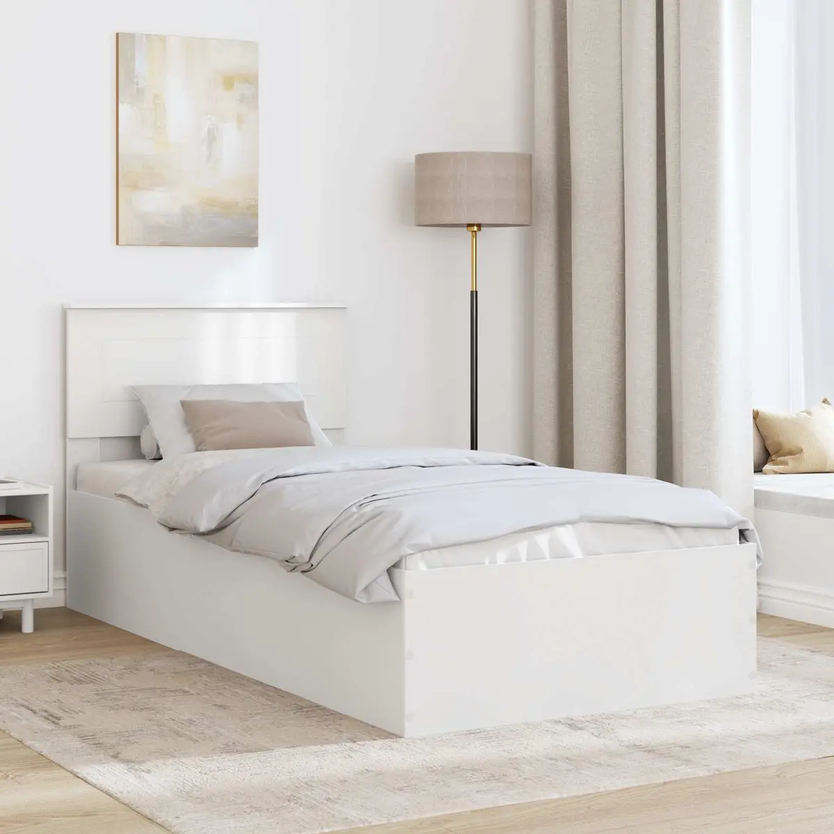 Bed Frame with Headboard White 90 x 190 cm Modern Platform Base Slatted
