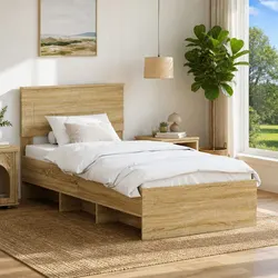 Brown Bed Frame with Headboard - Modern Design 90 x 200 cm