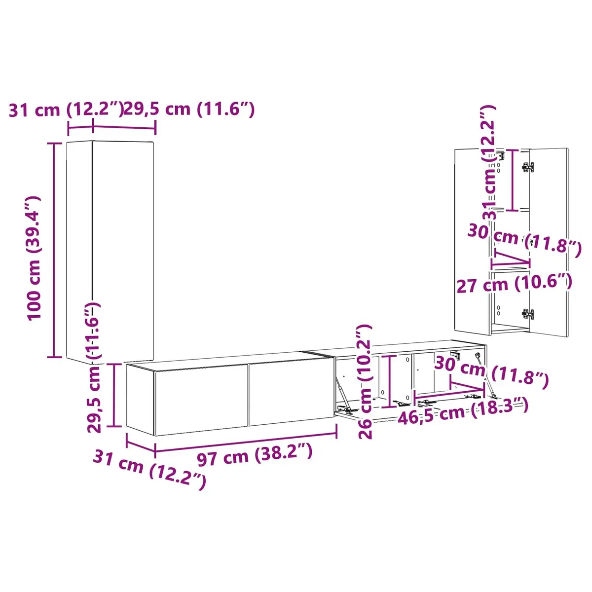 TV Wall Cabinet Set White 4 Pieces Wall-Mounted Storage Entertainment Media Unit