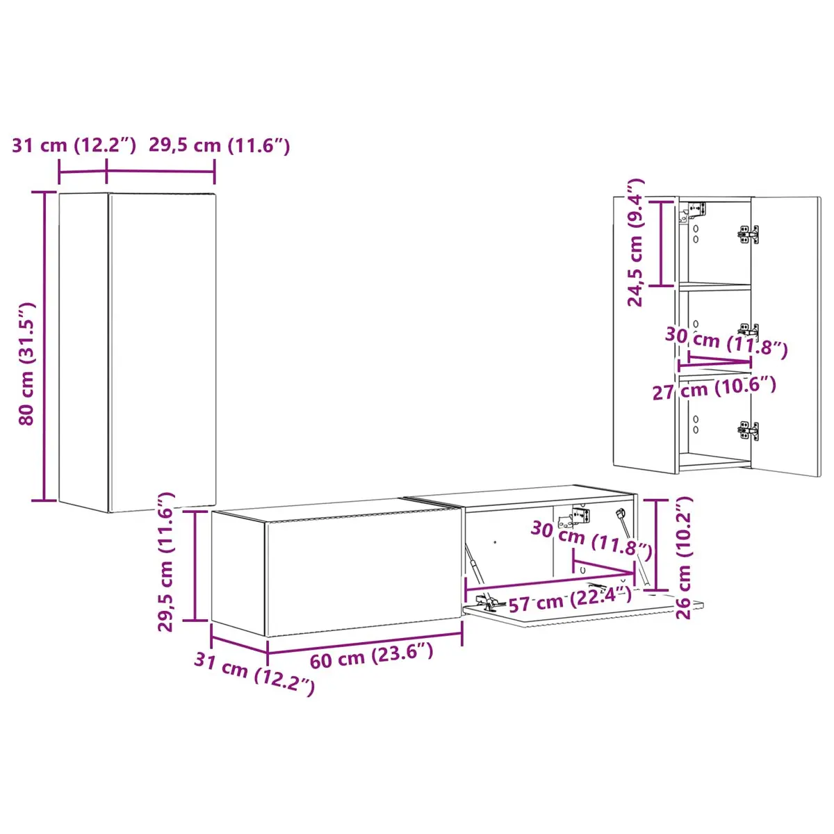 Wall-mounted TV Cabinet Set White 2 Pieces Modern Living Room Storage Unit