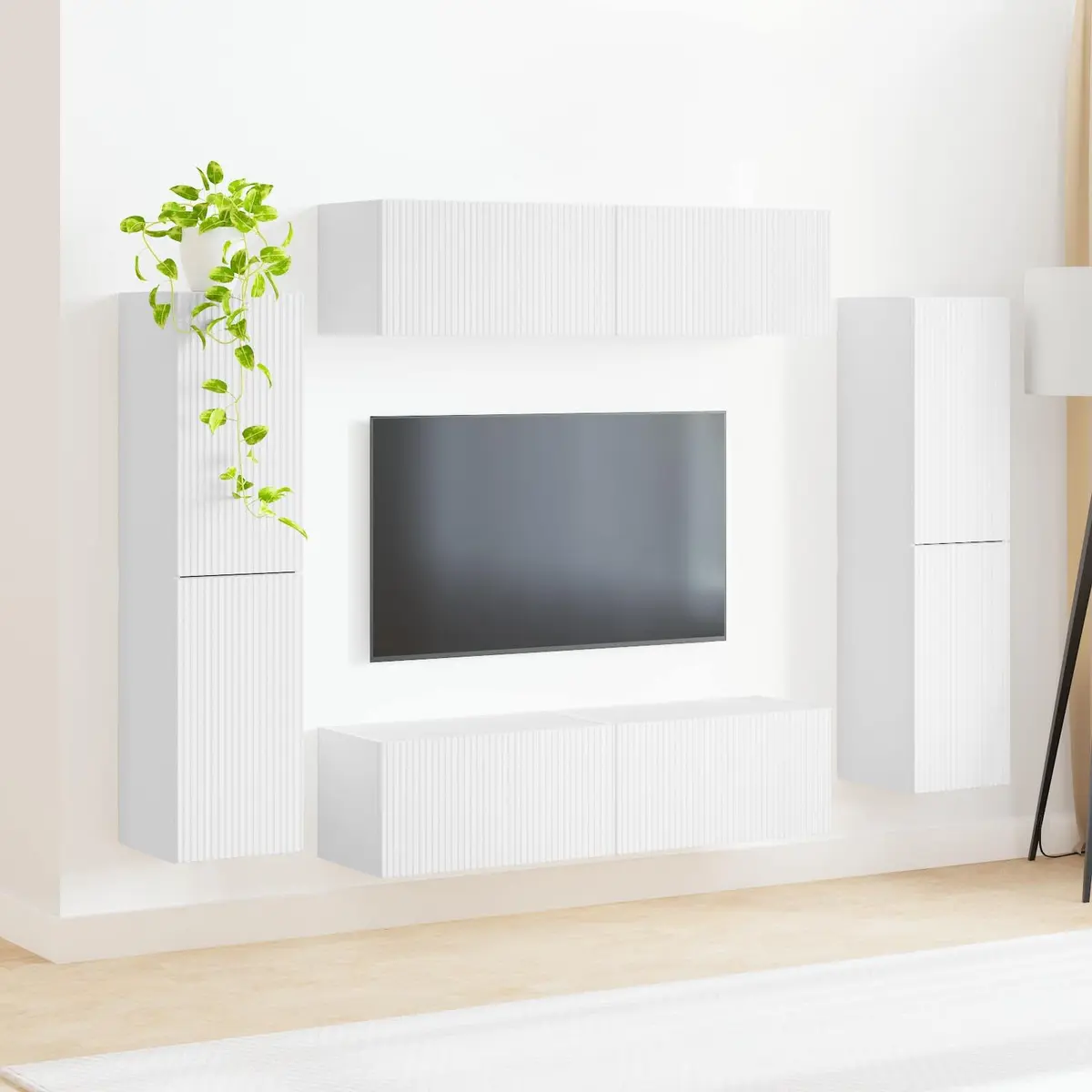 TV Cabinet Set White 8 Pieces Engineered Wood Entertainment Storage Furniture