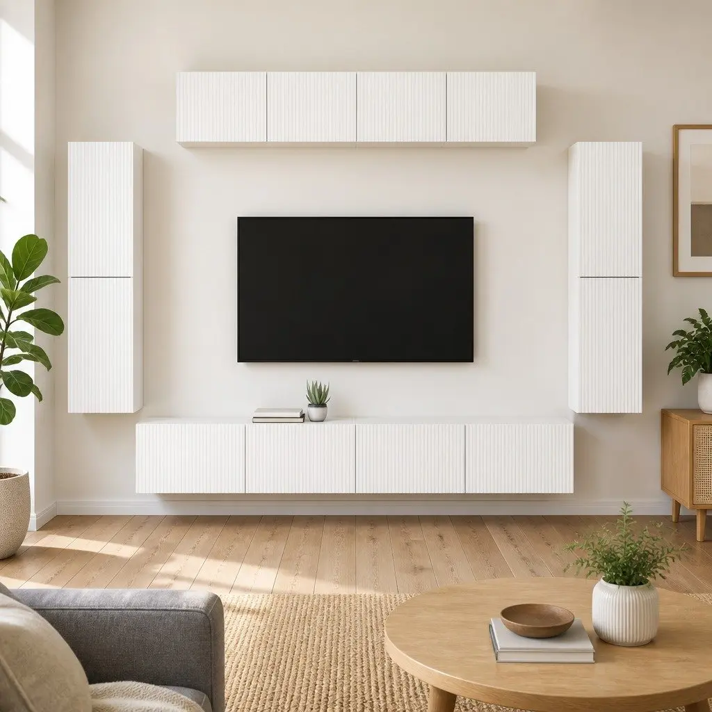 TV Cabinet White 8 Piece Wall Mounted Media Unit Storage for Living Room