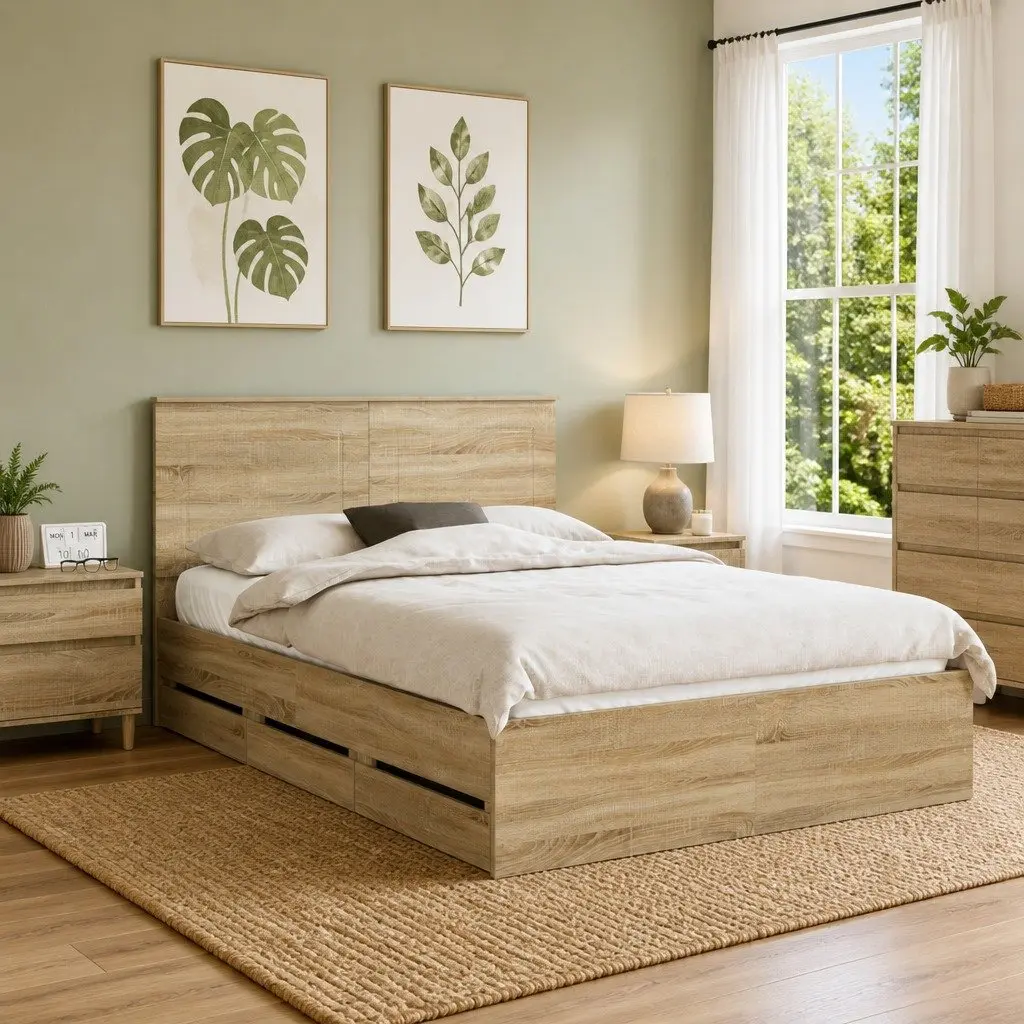 Bed Frame with Storage Drawer Engineered Wood Brown Modern Bedroom Furniture