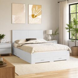 Bed Frame with Headboard White 150 x 200 cm Storage Drawers Engineered Wood