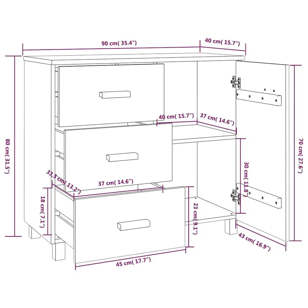 Sideboard Grey Solid Pinewood 90 x 40 x 80 cm Door and Sliding Drawers