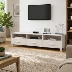 White TV Cabinet 158x40x40cm Solid Pine Wood Entertainment Unit with 3 Drawers