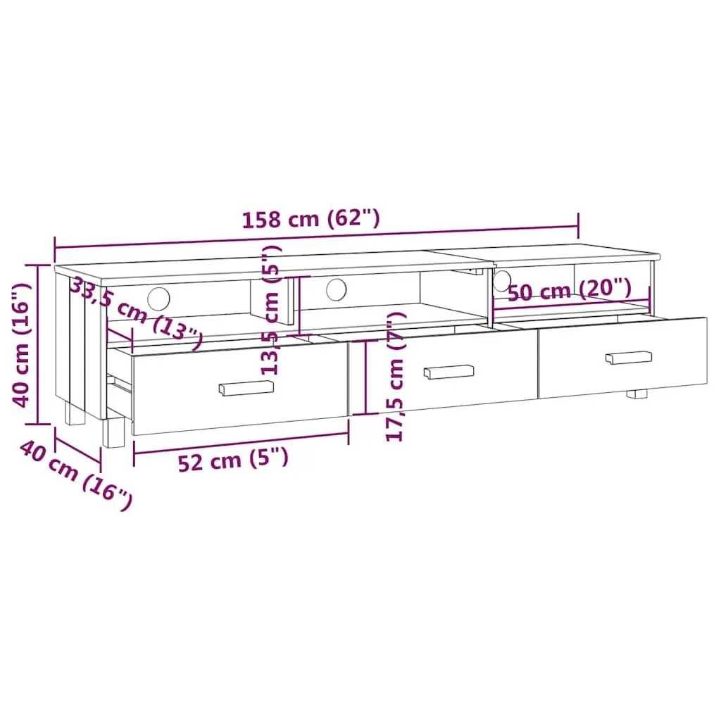 Grey Pinewood TV Cabinet 158cm with 3 Sliding Drawers and 3 Storage Compartments