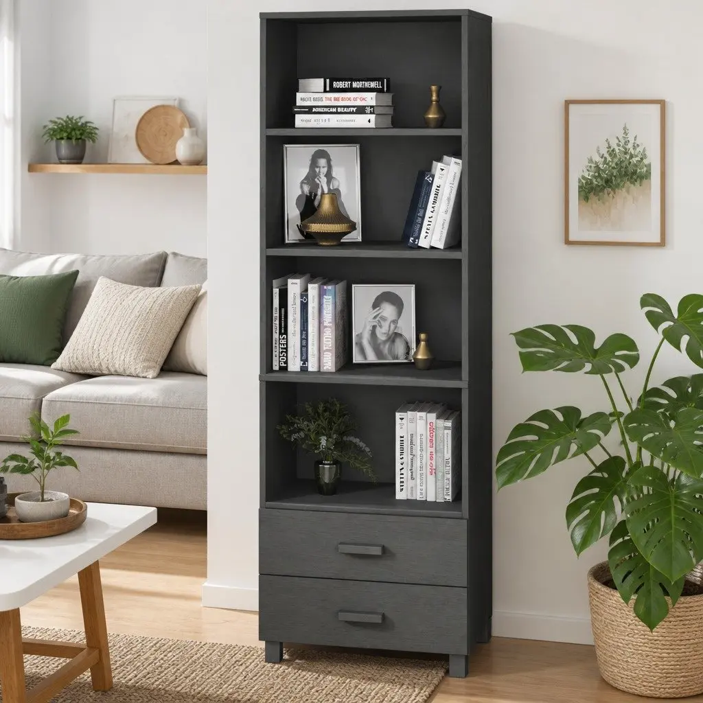 Highboard Storage Cabinet Grey 60x35x180cm Solid Wood Shelves Drawers