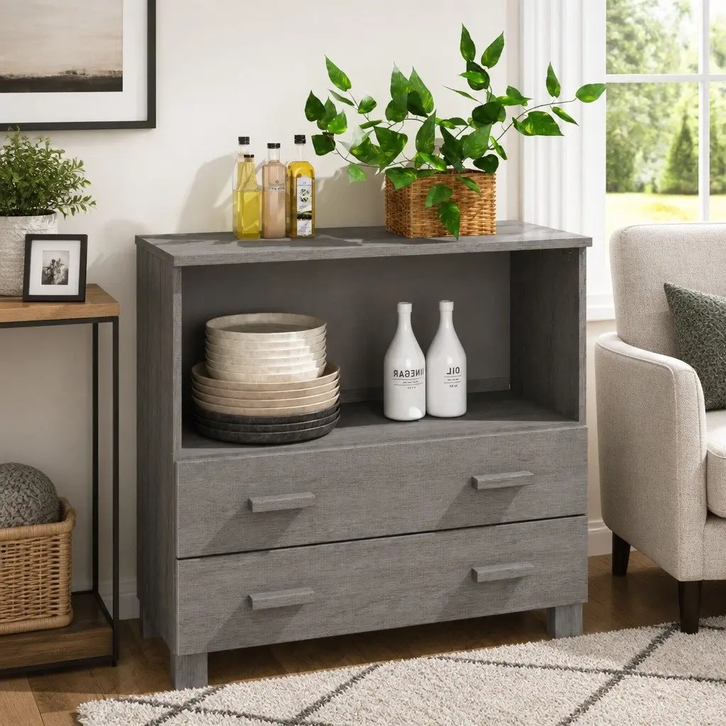 Wooden Sideboard Light Grey 85 x 35 x 80 cm Solid Pinewood Construction with 1 Compartment and 2 Drawers