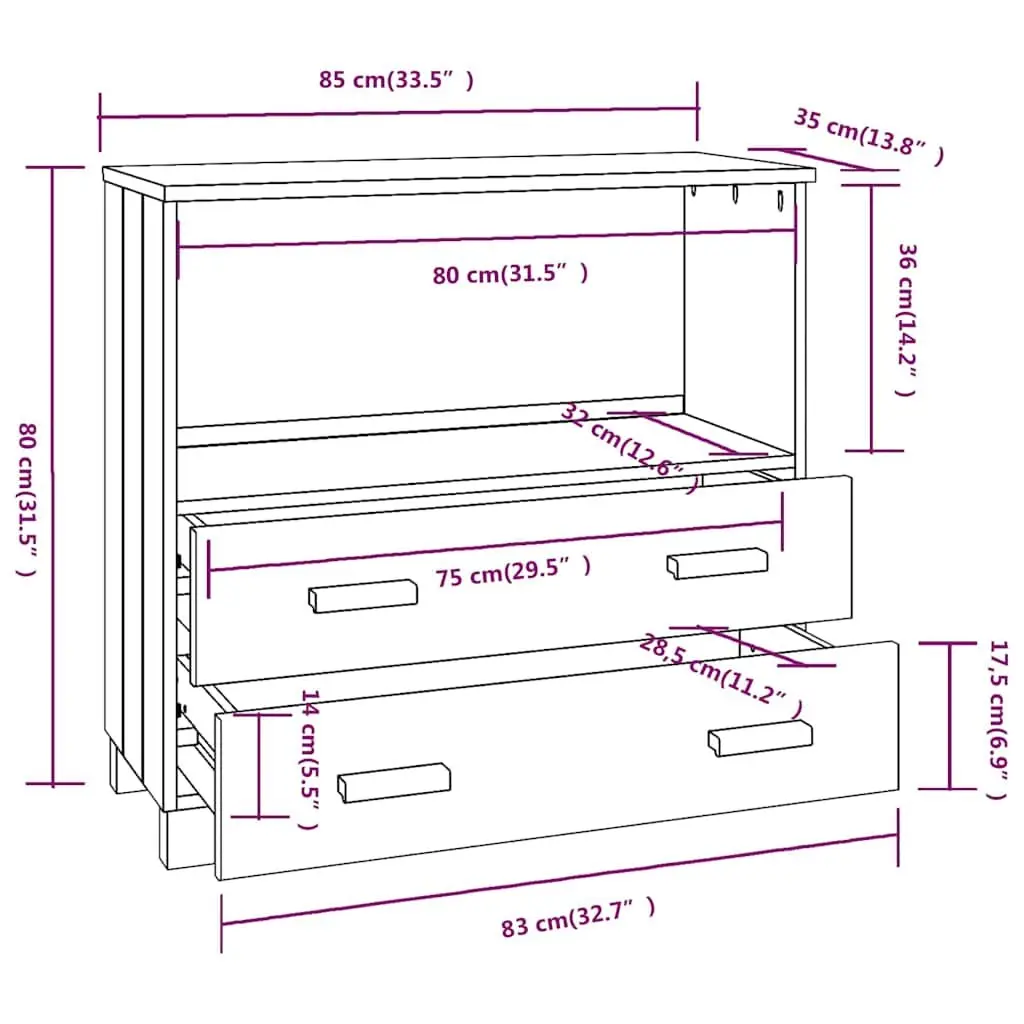Wooden Sideboard Light Grey 85 x 35 x 80 cm Solid Pinewood Construction with 1 Compartment and 2 Drawers