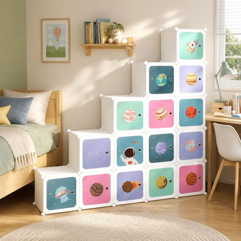 Kids Cube Storage Cabinet White 15 Cubes Organizer Plastic Wardrobe Unit