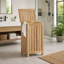 Laundry Basket Solid Wood Wash Bin Brown Storage Hamper Bathroom Bedroom
