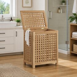 Compact and Strong Teak Wood Laundry Basket