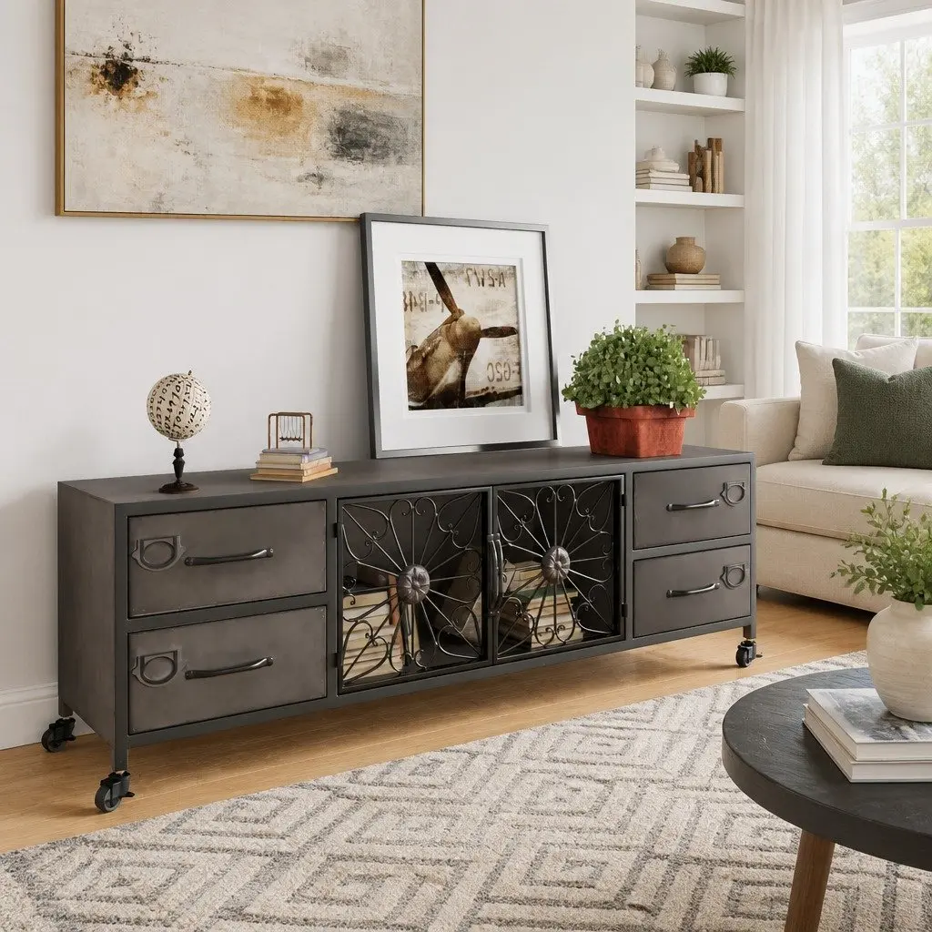 Silver TV Cabinet 110x30x40cm Storage Unit with 4 Drawers and 2 Doors on Wheels for Living Room