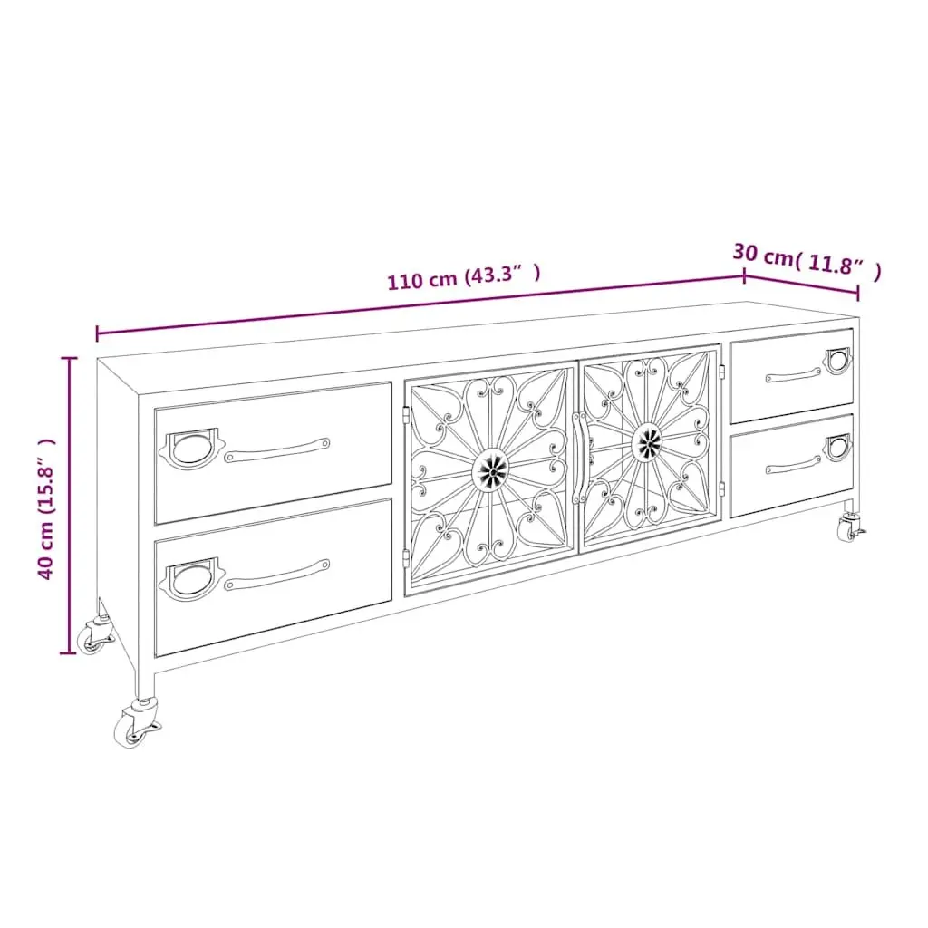 Silver TV Cabinet 110x30x40cm Storage Unit with 4 Drawers and 2 Doors on Wheels for Living Room