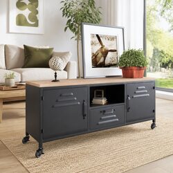 TV Cabinet Black 110x30x43cm Iron Solid Wood Fir Drawer Shelf Compartments