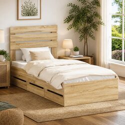 Bed Frame with Drawer Brown Engineered Wood 90 x 190 cm Slatted Modern Bedroom