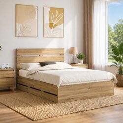 Compact Bed Frame with Integrated Storage - Sonoma Oak Finish