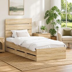 Compact Bed Frame with Storage Drawers Sonoma Oak 90 x 190 cm