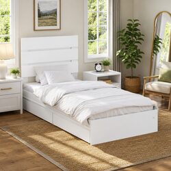 Compact White Storage Bed with Headboard 90 x 190 cm