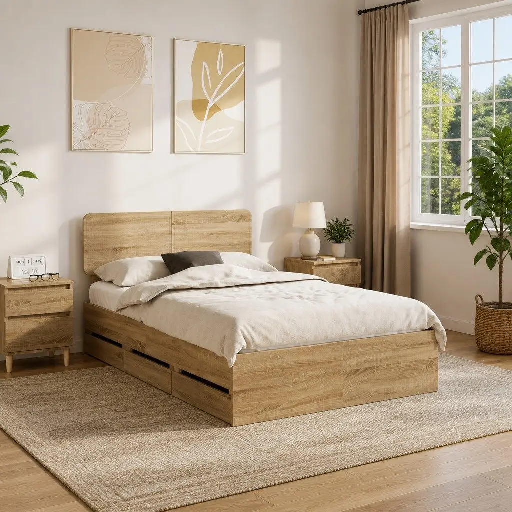 Bed Frame Brown 135 x 190 cm Engineered Wood with Storage Drawers and Adjustable Headboard