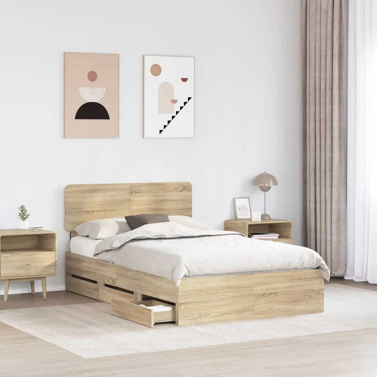 Bed Frame Brown 135 x 190 cm Engineered Wood with Storage Drawers and Adjustable Headboard