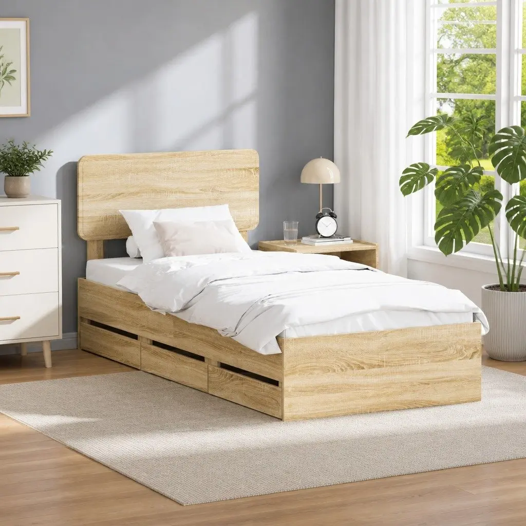 Bed Frame Brown 90x190cm Engineered Wood Storage Drawers Slatted Base