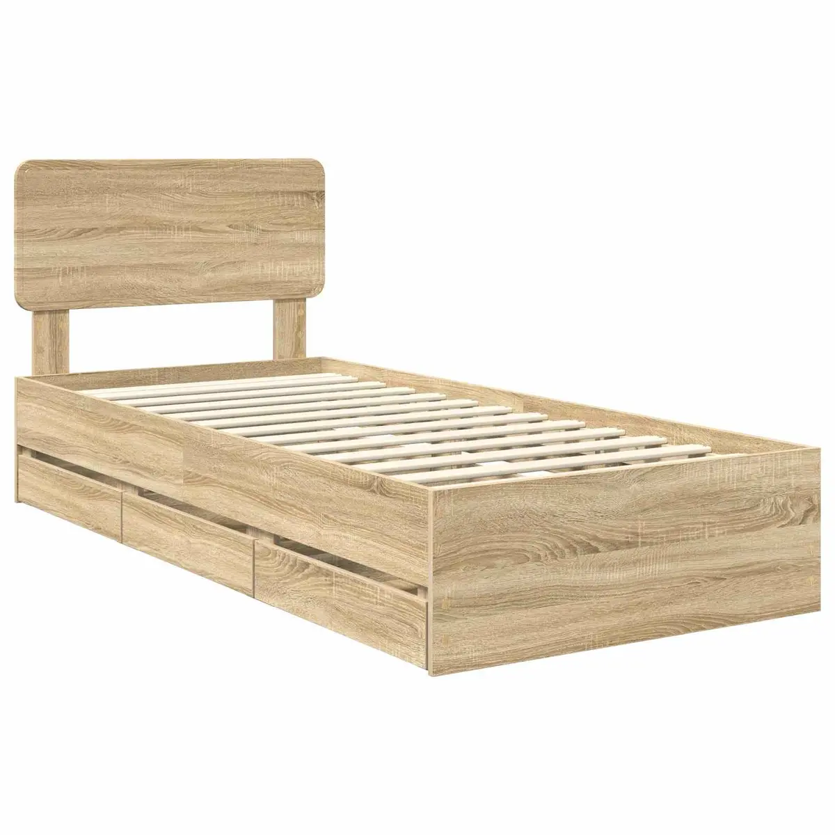 Bed Frame Brown 90x190cm Engineered Wood Storage Drawers Slatted Base