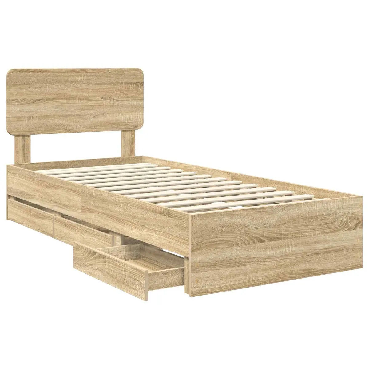 Bed Frame Brown 90x190cm Engineered Wood Storage Drawers Slatted Base