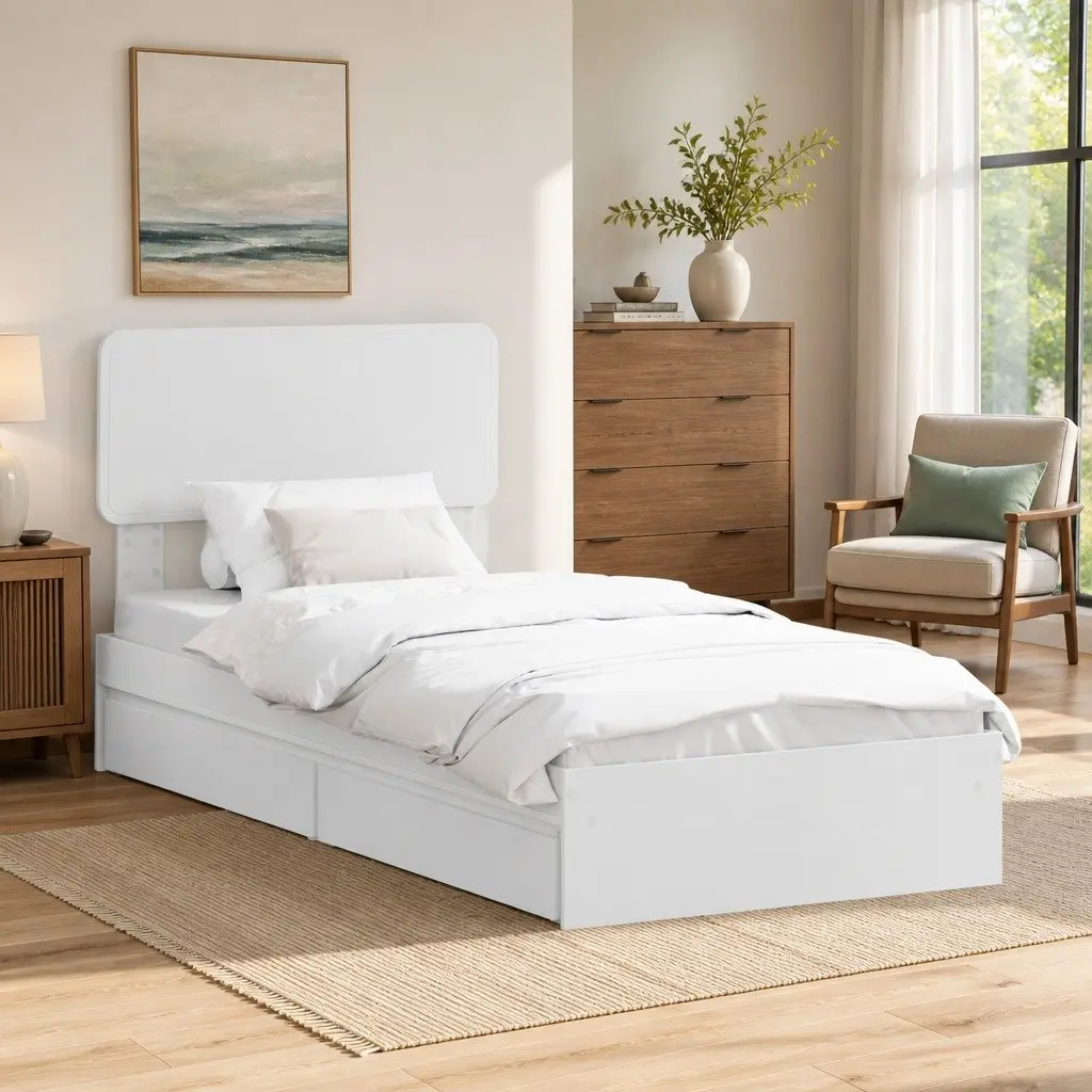 White Storage Bed Frame with Drawer 90 x 190 cm