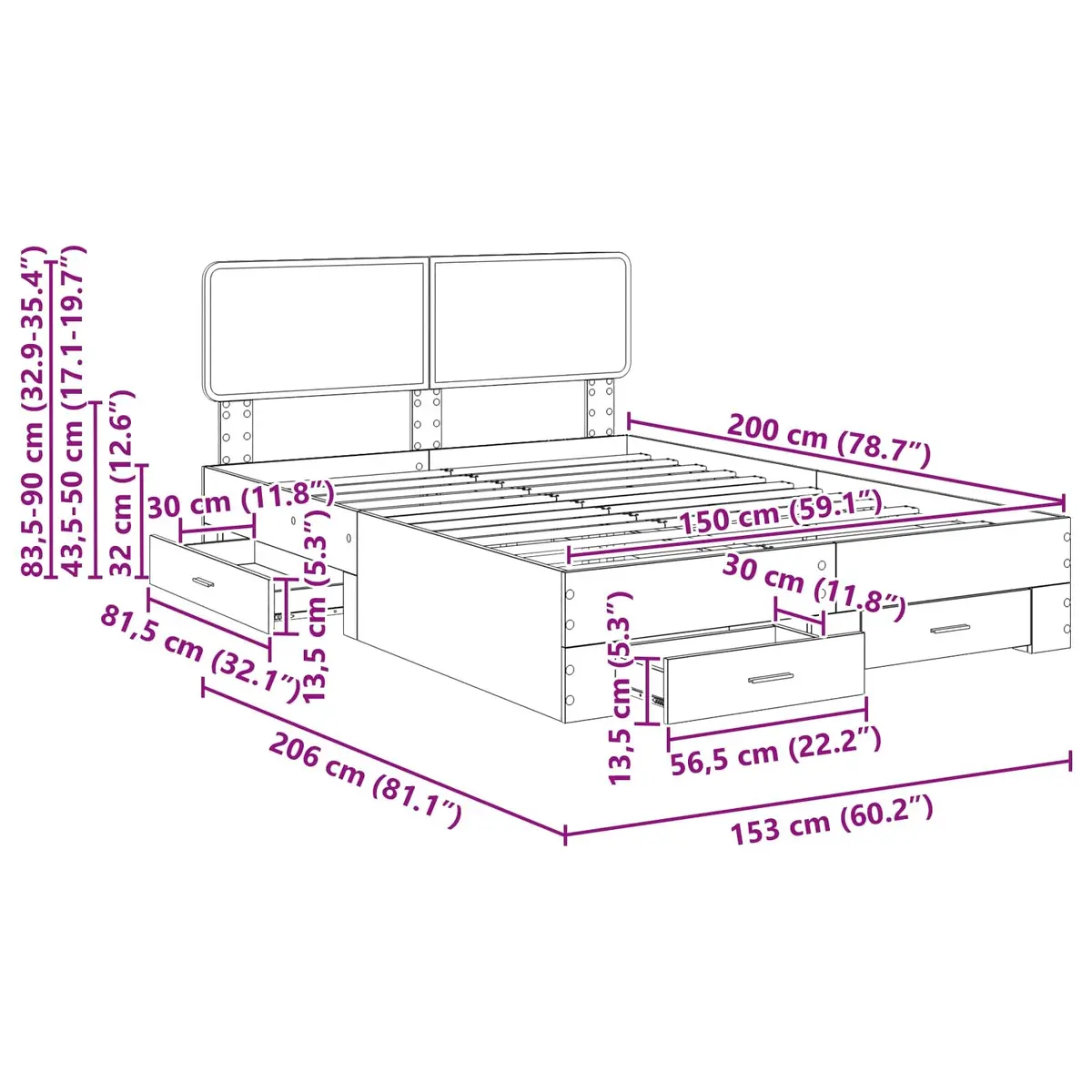 White Bed Frame 150 x 200 cm with Headboard and Integrated Storage Drawers Engineered Wood